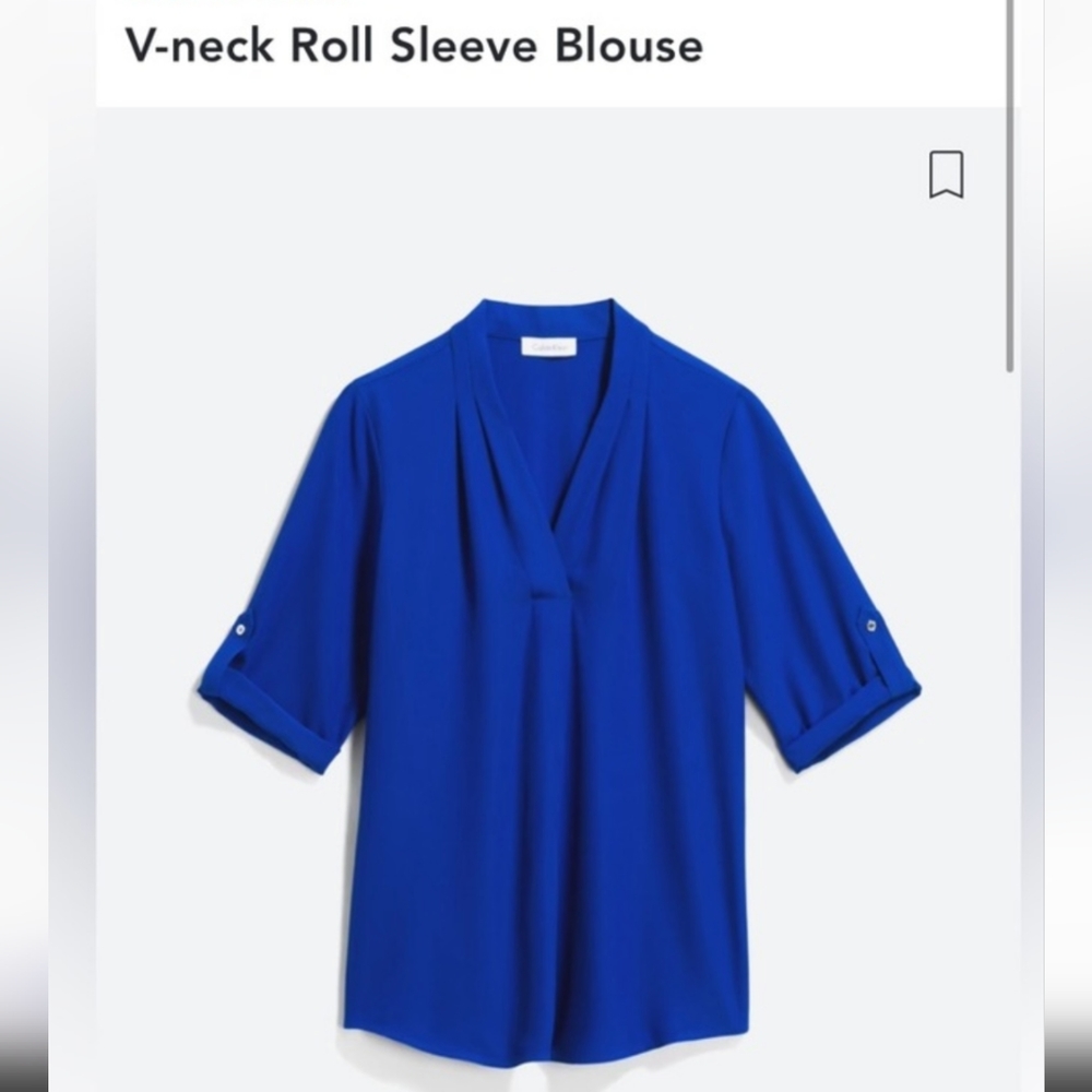 Calvin Klein Blue V-Neck Roll Sleeve Blouse